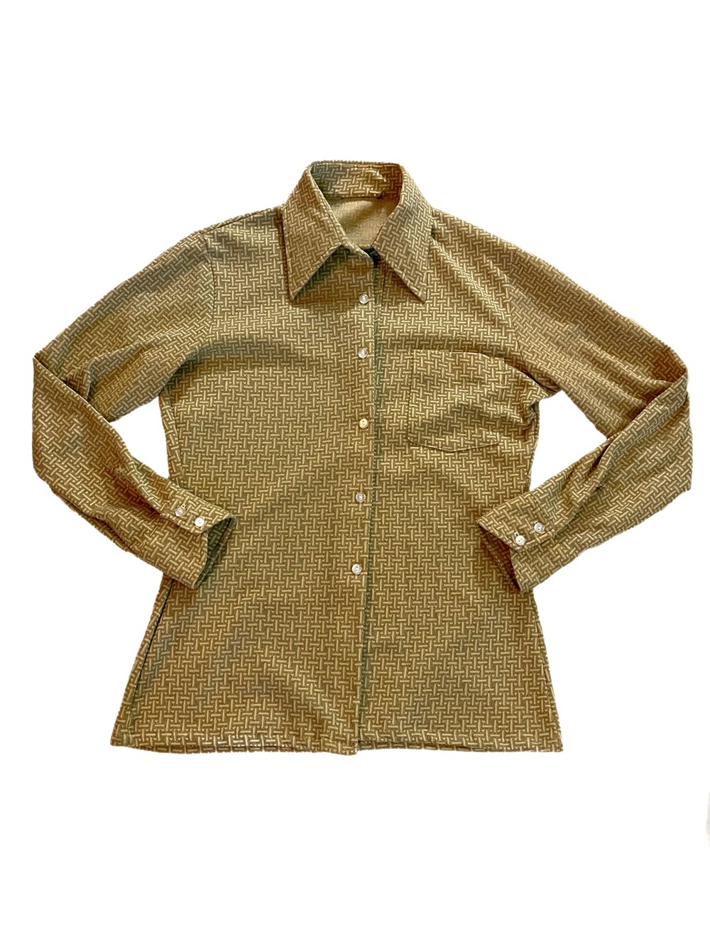 Vintage Womenโs Olive Geometric Button Down Shirt